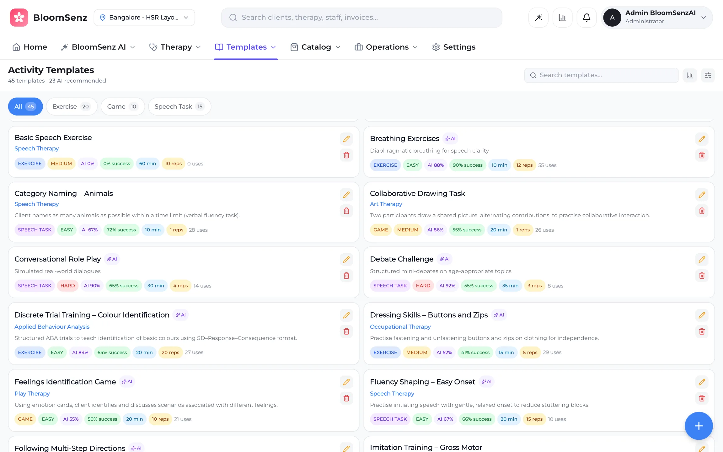 Activity library and assignments for therapy sessions