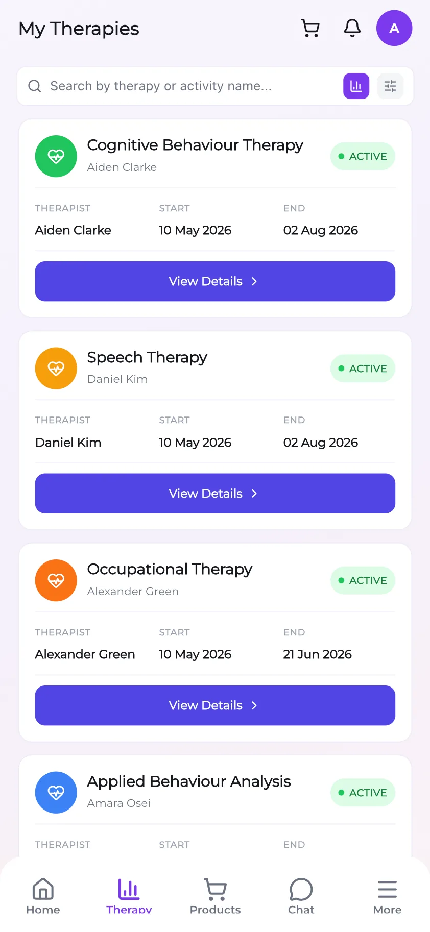 Therapy plans and session history in the parent app