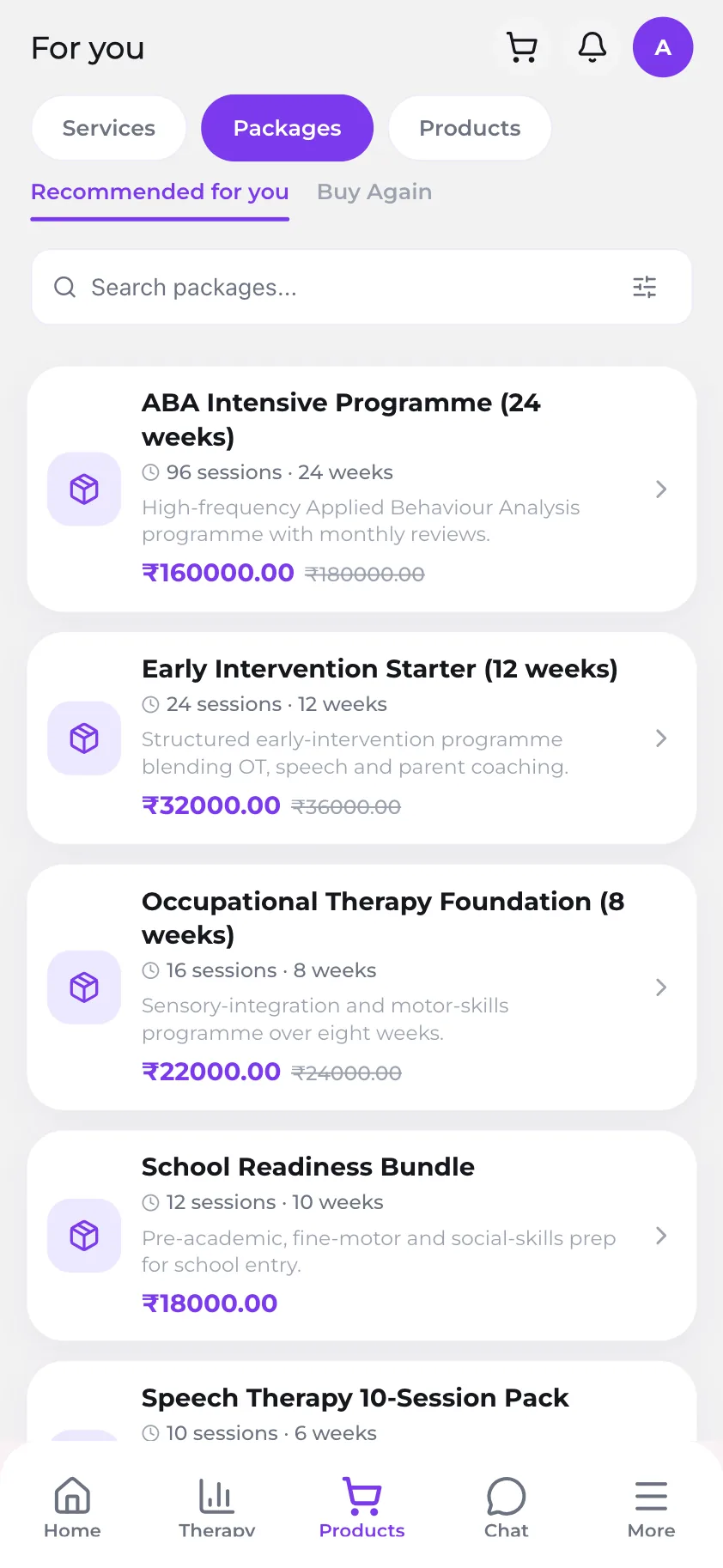 Session packages and billing in the parent app