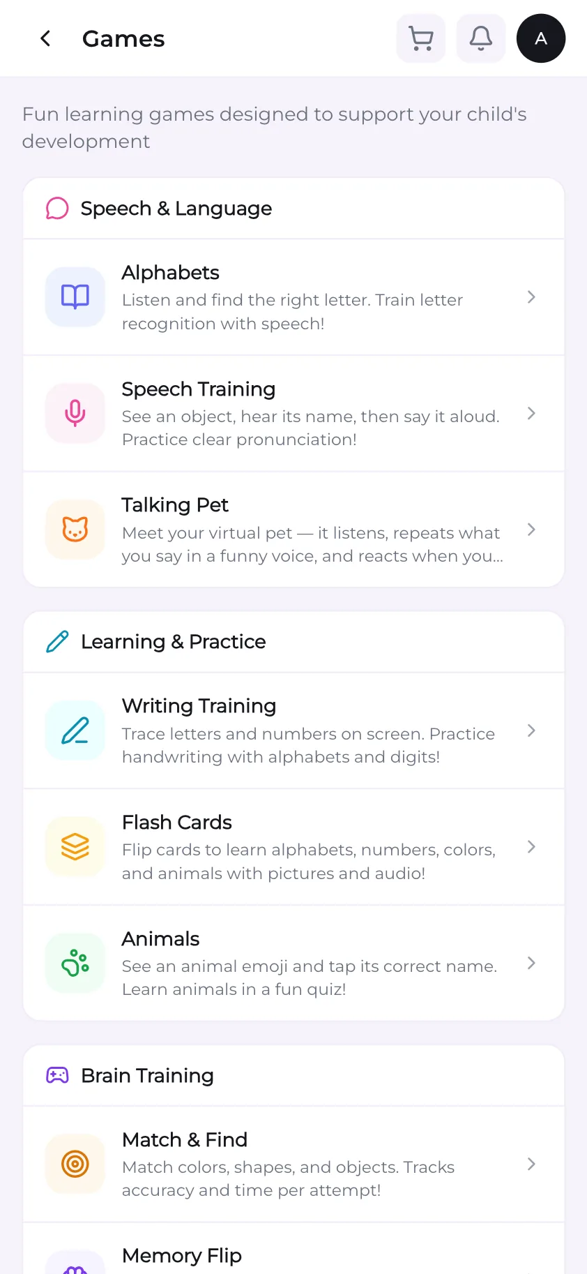 Therapy games and play activities in the parent app