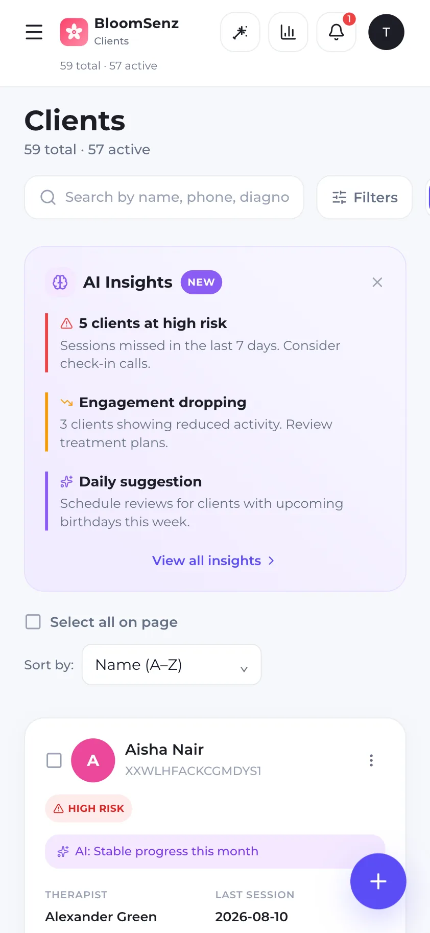 Therapist's assigned client list with profiles and history