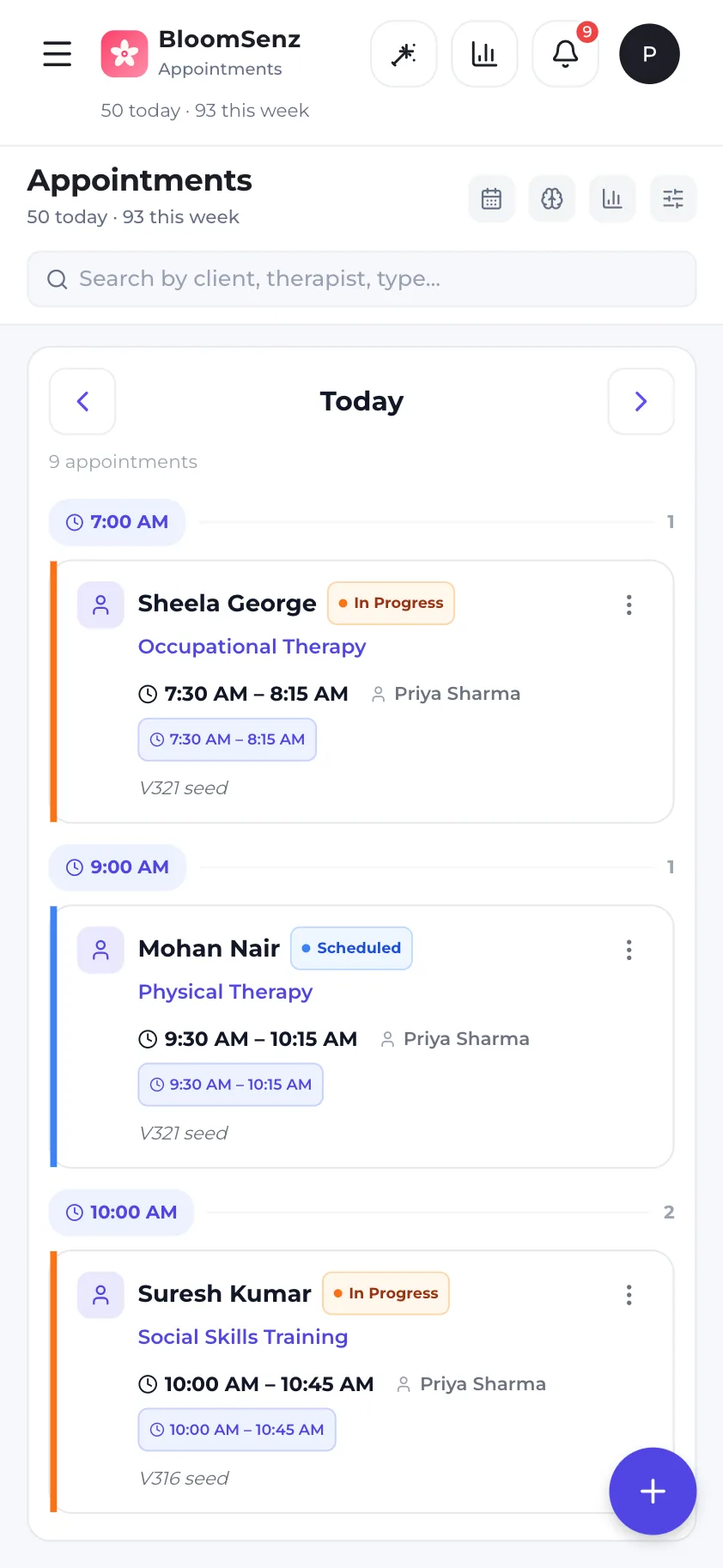 Therapist's own appointment schedule on mobile